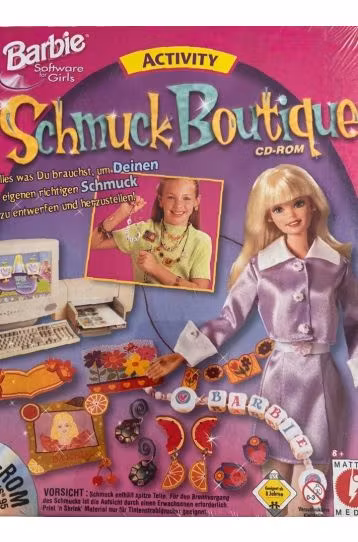 Barbie Jewelry Boutique - 4 Coli Print 'n' Shrink, 2 Coli Autocolante Avery Pearl, 24 Inele, 32 Margele - Big Box - Deutsch Version - Joc PC